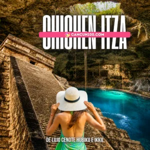 Una turista de espaldas con sombrero blanco contemplando un majestuoso cenote subterráneo de aguas turquesas junto a la pirámide de Chichén Itzá.