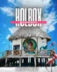 Dos flamencos rosados en la playa junto a una cabaña caribeña tradicional con un mural artístico en Isla Holbox.